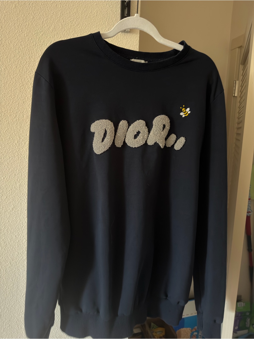 Dior Navy Crewneck Sweater With Cream Logo And Bee Accent